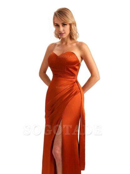 Sexy Side Slit Strapless Mermaid Soft Satin Unique Long Bridesmaid Dress For Wedding