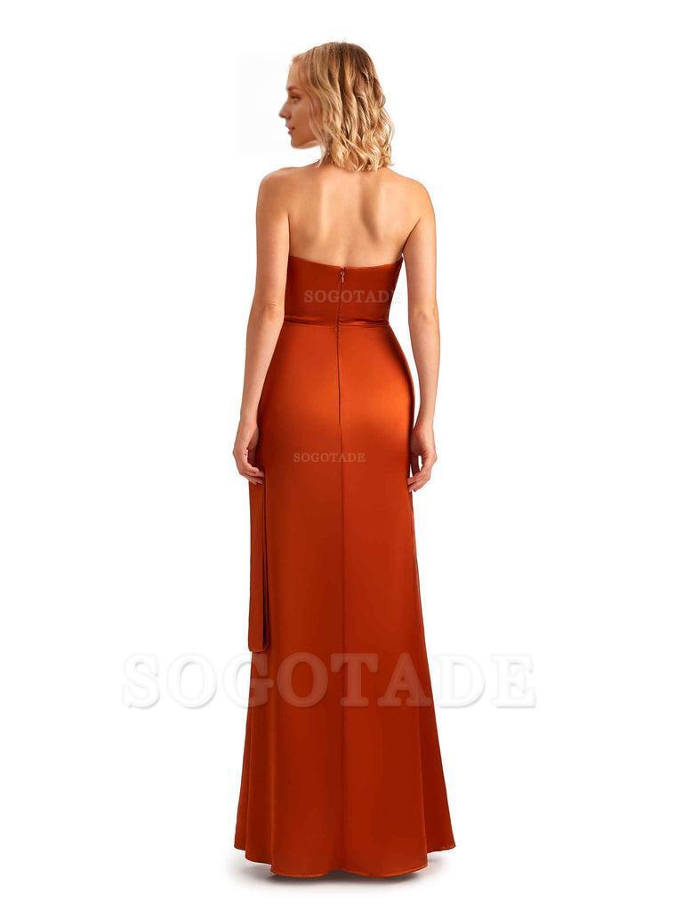 Sexy Side Slit Strapless Mermaid Soft Satin Unique Long Bridesmaid Dress For Wedding