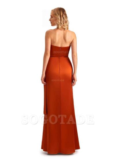 Sexy Side Slit Strapless Mermaid Soft Satin Unique Long Bridesmaid Dress For Wedding