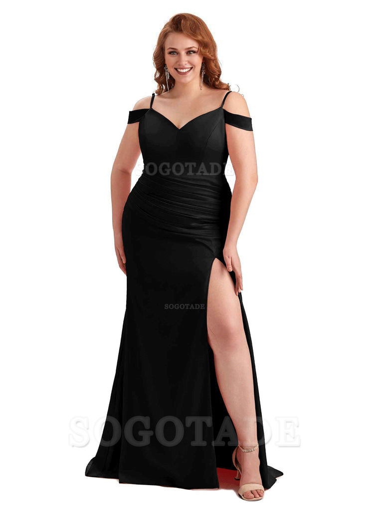 Sexy Side Slit Mermaid Cold Shoulder Soft Satin Long Plus Size Bridesmaid Dresses Online