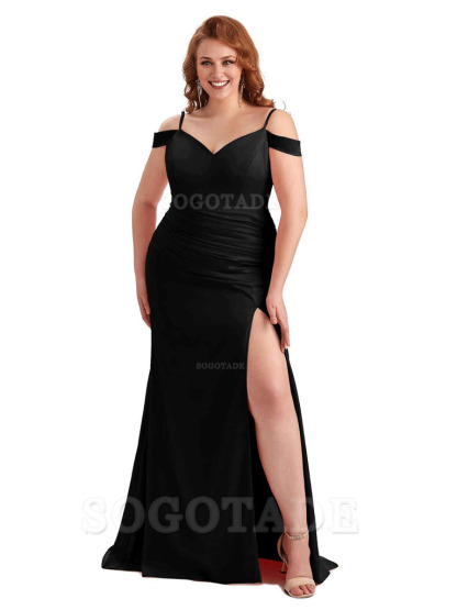 Sexy Side Slit Mermaid Cold Shoulder Soft Satin Long Plus Size Bridesmaid Dresses Online