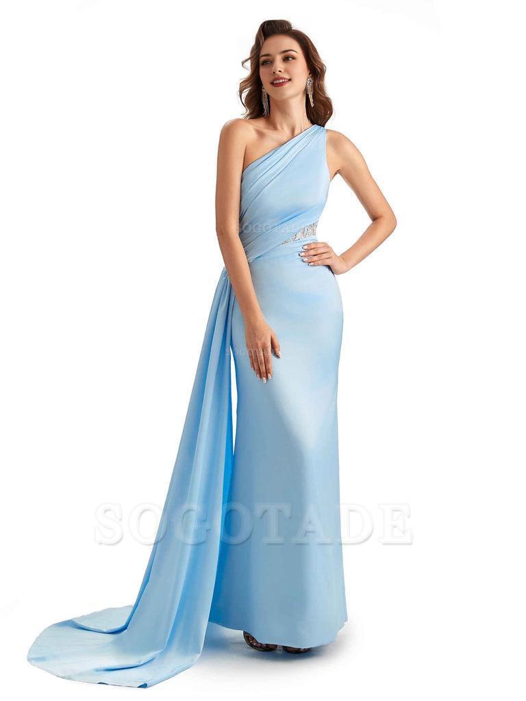 Sexy Mermaid Silky Satin One Shoulder Lace See Through Long Bridesmaid Dresses Online