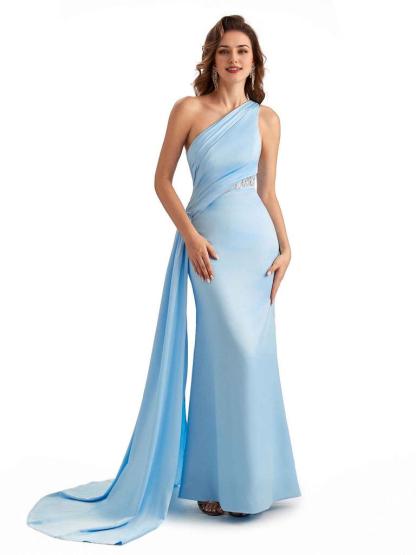 Sexy Mermaid Silky Satin One Shoulder Lace See Through Long Bridesmaid Dresses Online