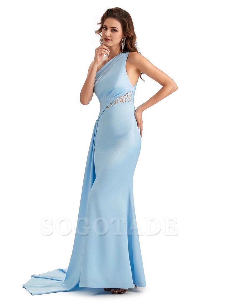 Sexy Mermaid Silky Satin One Shoulder Lace See Through Long Bridesmaid Dresses Online