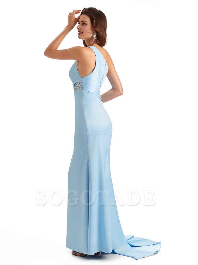 Sexy Mermaid Silky Satin One Shoulder Lace See Through Long Bridesmaid Dresses Online