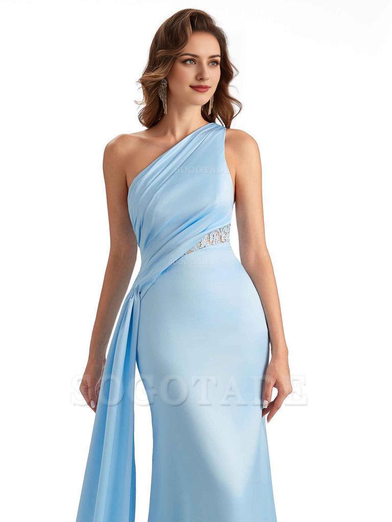 Sexy Mermaid Silky Satin One Shoulder Lace See Through Long Bridesmaid Dresses Online