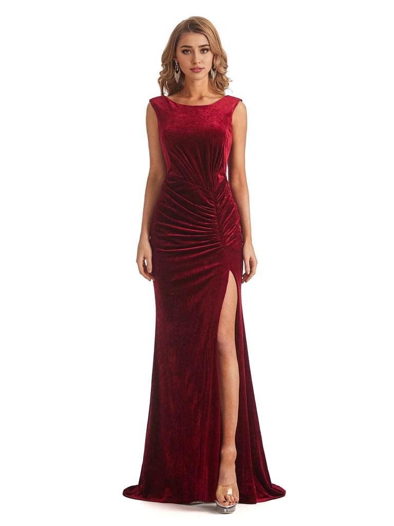 Sexy Open Back Mermaid Velvet Jewel High Split Maxi Long Bridesmaid Dresses Online
