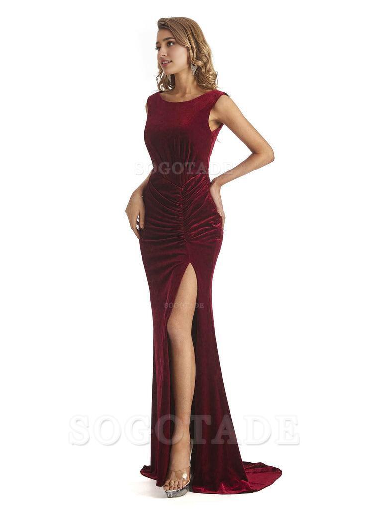Sexy Open Back Mermaid Velvet Jewel High Split Maxi Long Bridesmaid Dresses Online