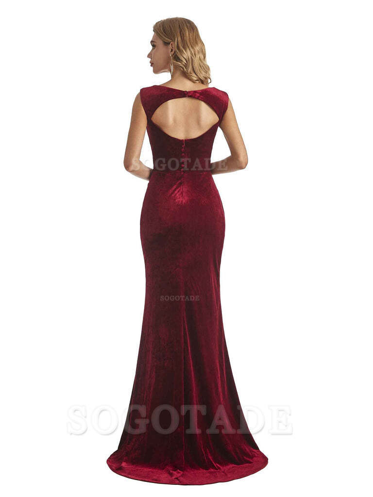 Sexy Open Back Mermaid Velvet Jewel High Split Maxi Long Bridesmaid Dresses Online