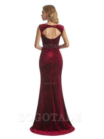 Sexy Open Back Mermaid Velvet Jewel High Split Maxi Long Bridesmaid Dresses Online