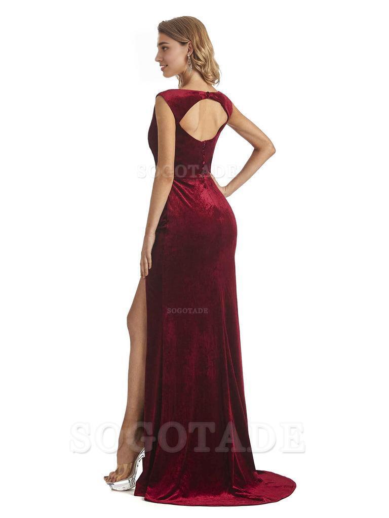 Sexy Open Back Mermaid Velvet Jewel High Split Maxi Long Bridesmaid Dresses Online