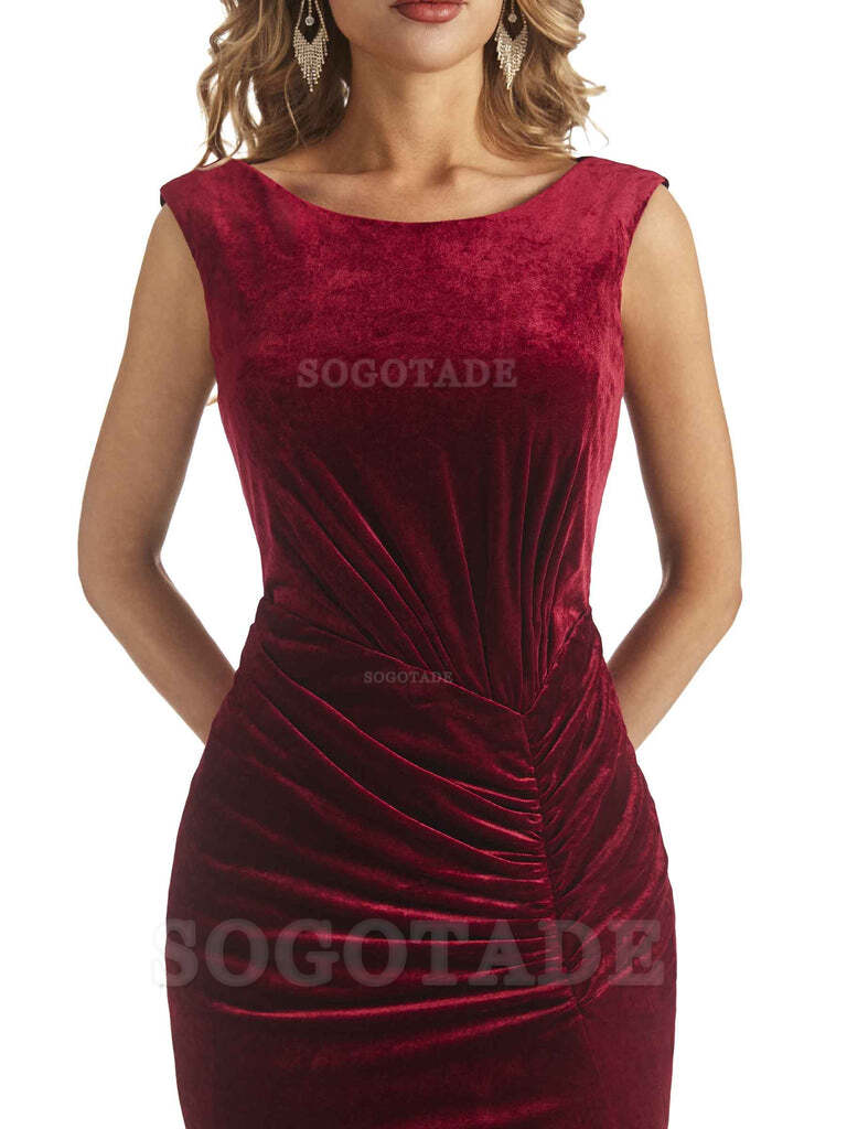Sexy Open Back Mermaid Velvet Jewel High Split Maxi Long Bridesmaid Dresses Online