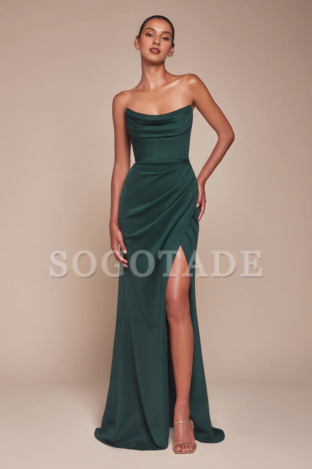Fitted slit skirt chiffon long strapless dress