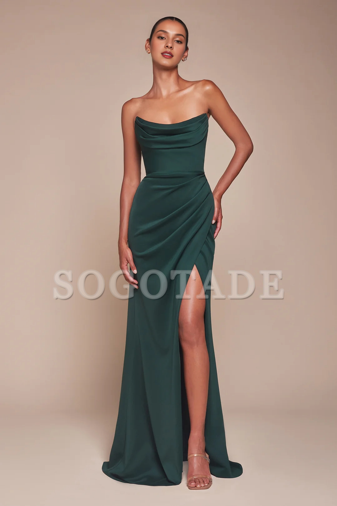Fitted slit skirt chiffon long strapless dress