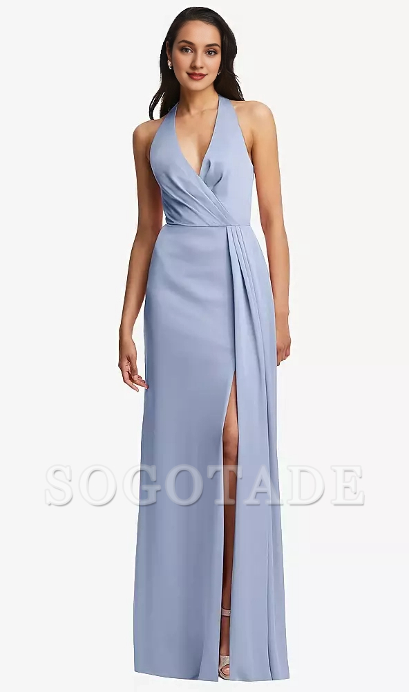 Pleated V-neck back slit horn and floor length Prom dress