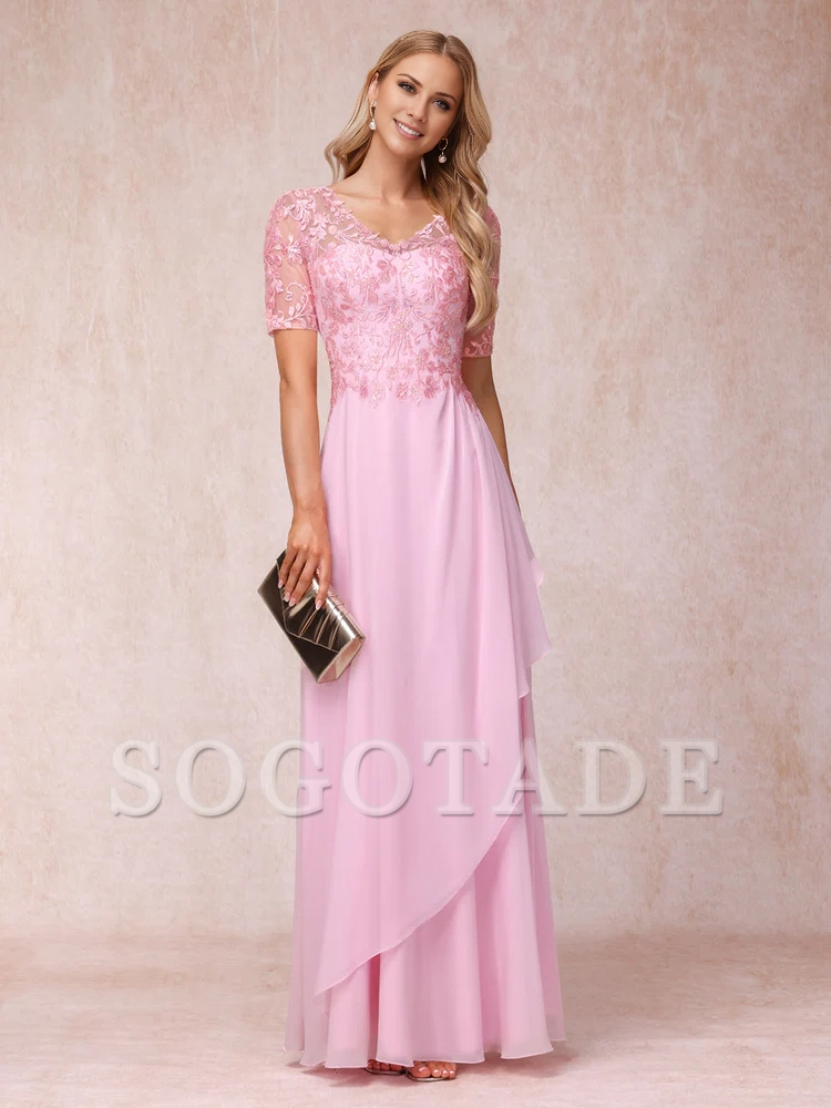 A-line/Princess V-neck short sleeved long formal mother of the bride dress