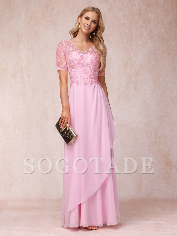 A-line/Princess V-neck short sleeved long formal mother of the bride dress