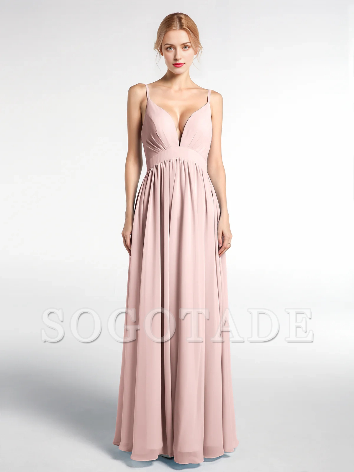 Deep V-neck high waisted chiffon long dress