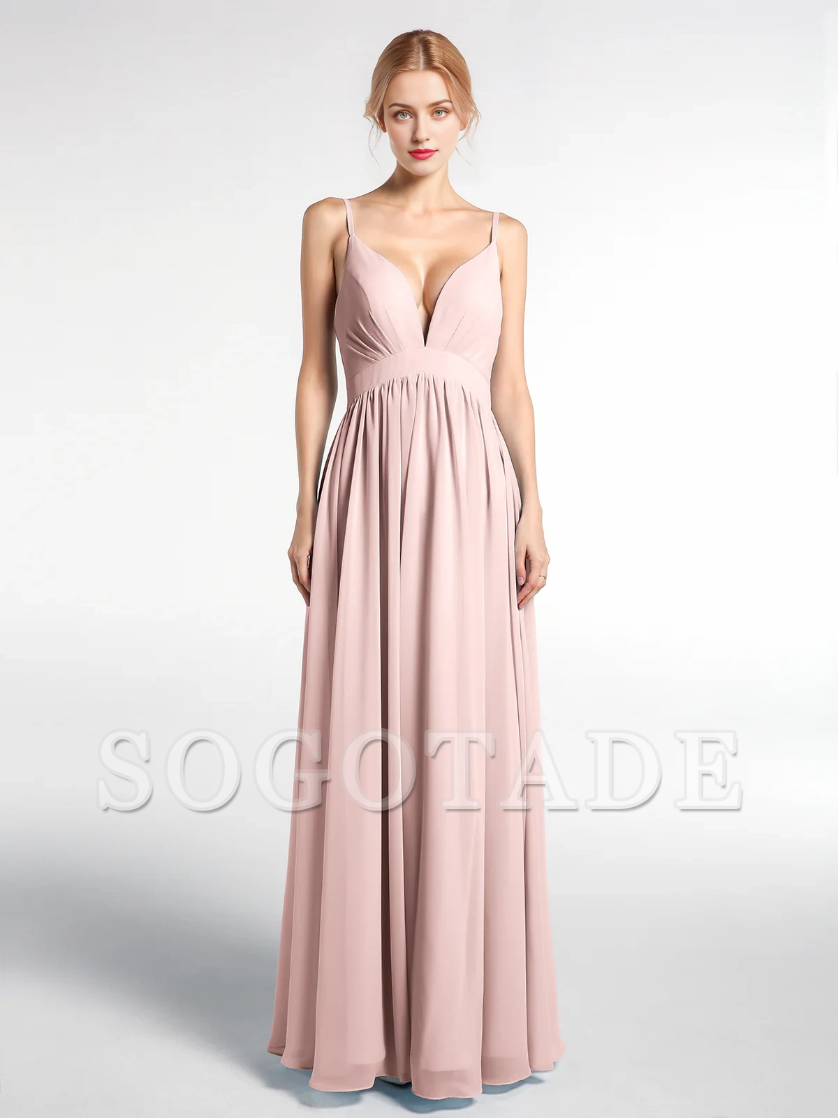 Deep V-neck high waisted chiffon long dress