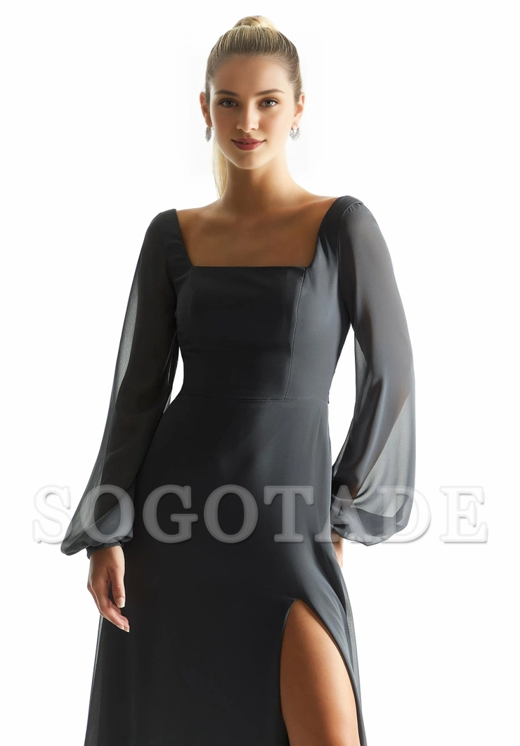 A-line square neckline chiffon long sleeved square back bridesmaid dress