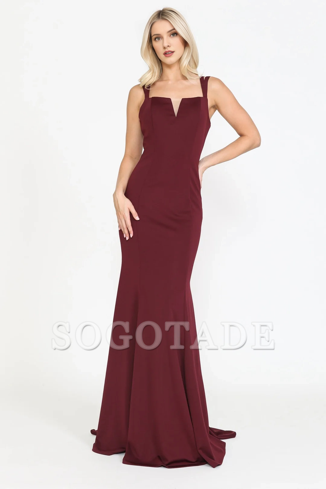 Fitted skirt V-neck plain knit long dress