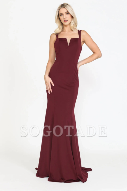 Fitted skirt V-neck plain knit long dress