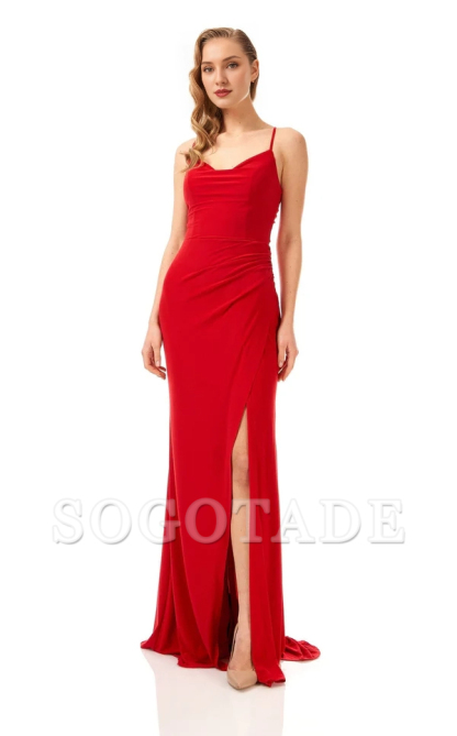 Thin shoulder strap V-neck side slit and floor length Prom dress