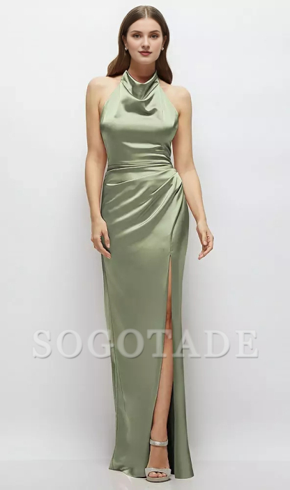 Cowl hanging neck backless satin and floor length bridesmaid dress