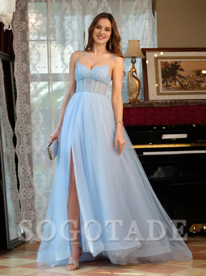 A-line princess thin shoulder strap slit sleeveless long ball gown