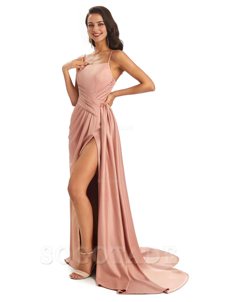 Sexy Soft Satin Side Slit Spaghetti Straps Long Maxi Bridesmaid Dresses prom shop dresses