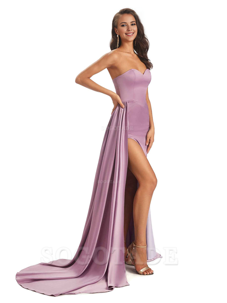 Sexy Soft Satin Sweetheart Side-Slit Unique Long Mermaid Bridesmaid Dresses prom shop dresses