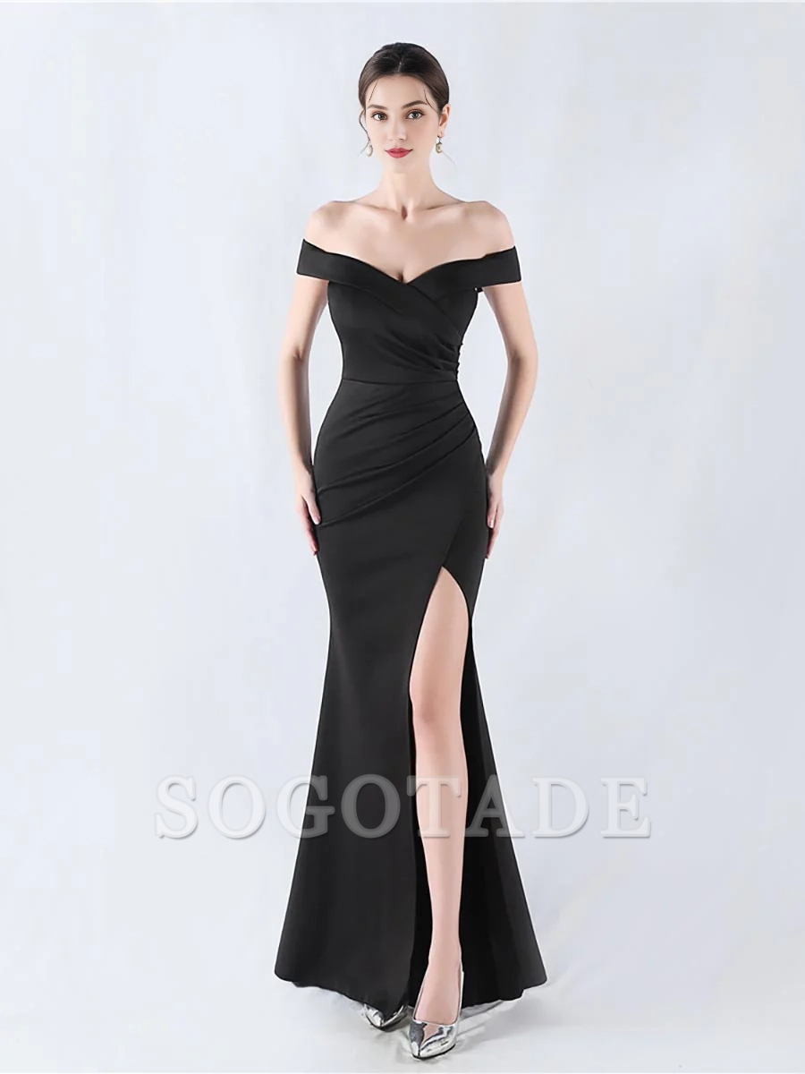 Off shoulder pleated slit and floor length gown evening dresses