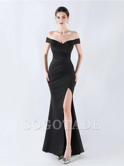 Off shoulder pleated slit and floor length gown evening dresses
