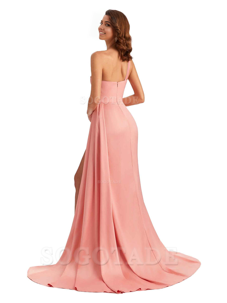 Mermaid One Shoulder Satin formal dresses evening gown Bridesmaid Dresses With Side Slit