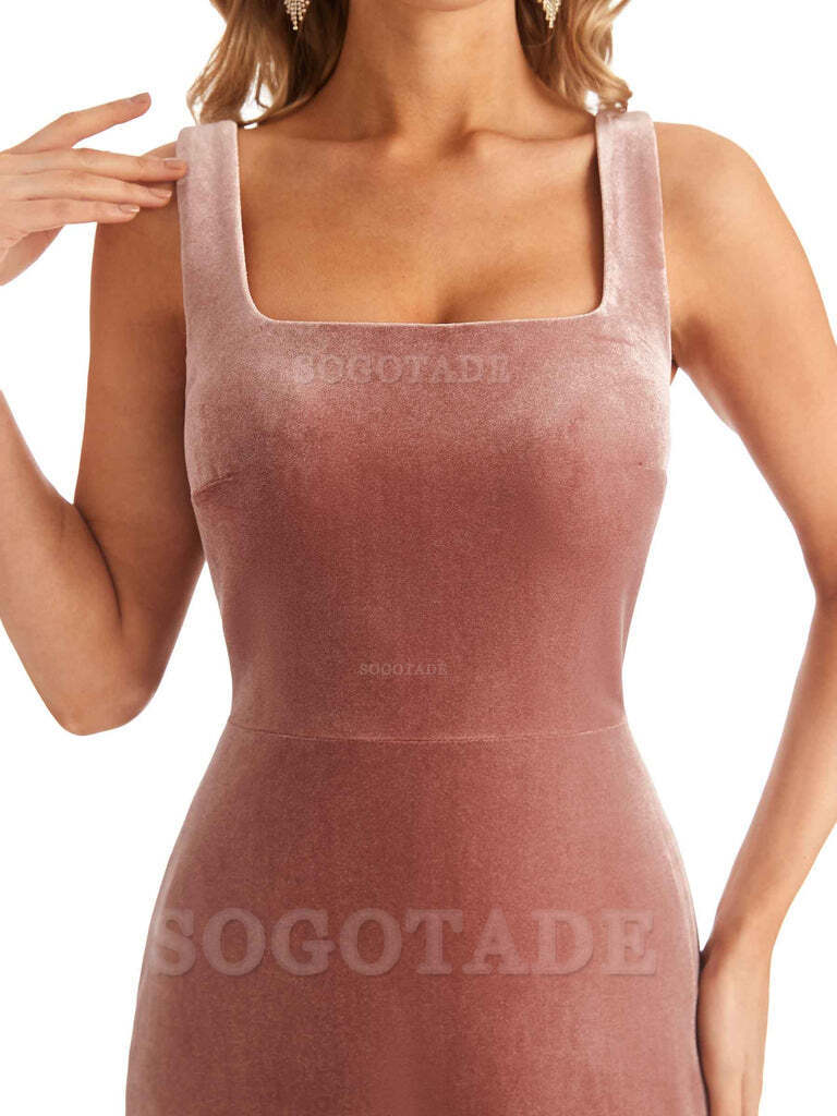 Elegant A Line Sheath Velvet Square Side Fork Long Bridesmaid Dresses Formal Women's Dresses Wedding Guests Dresses