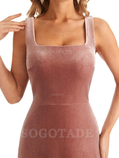 Elegant A Line Sheath Velvet Square Side Fork Long Bridesmaid Dresses Formal Women's Dresses Wedding Guests Dresses