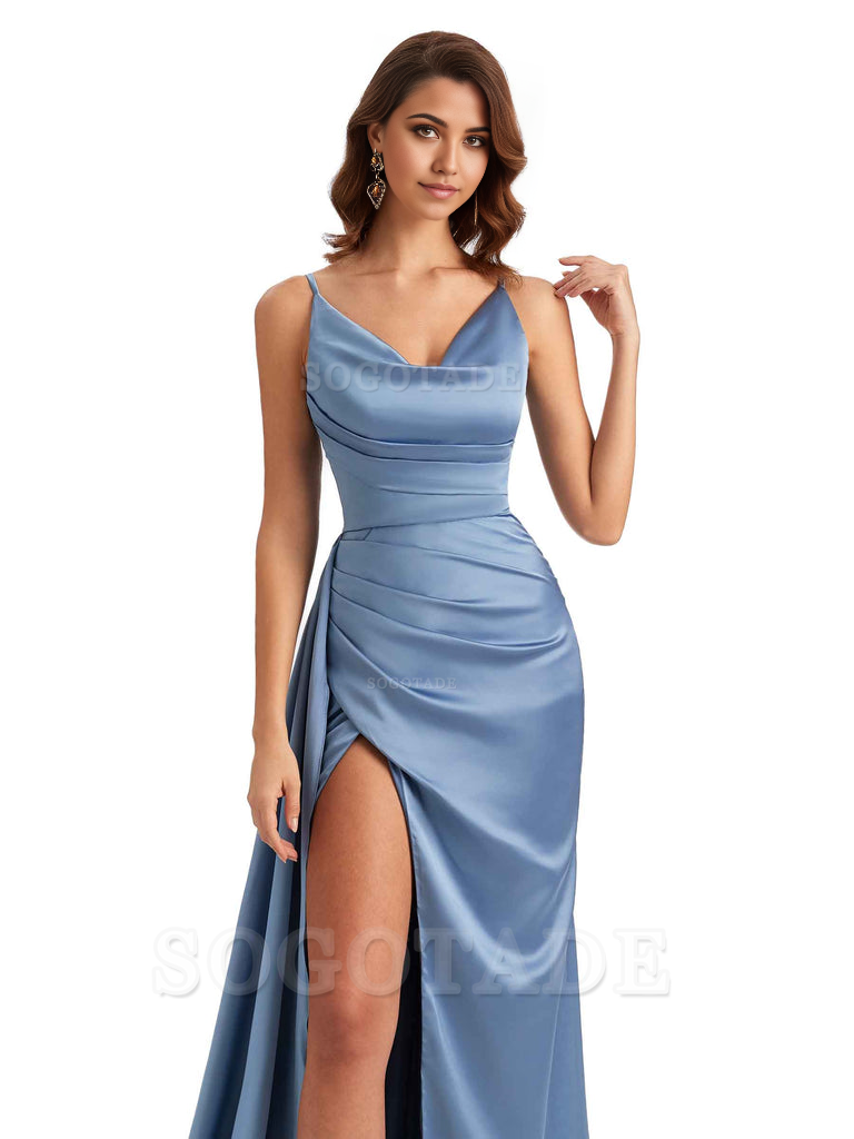 Mermaid Cowl Spaghetti Satin formal dresses evening gown Bridesmaid Dresses With Side Slit