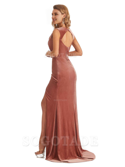 Sexy Mermaid Cowl Velvet Long Open Back Side Fork Bridesmaid Dresses Formal Wear Dresses