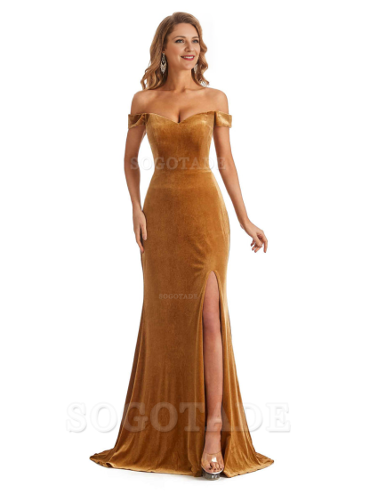 Elegant Simple Mermaid Off The Shoulder Backless Side Slit Velvet Long Charming Bridesmaid Dresses Formal Women's Dresses Wedding Guests Dresses