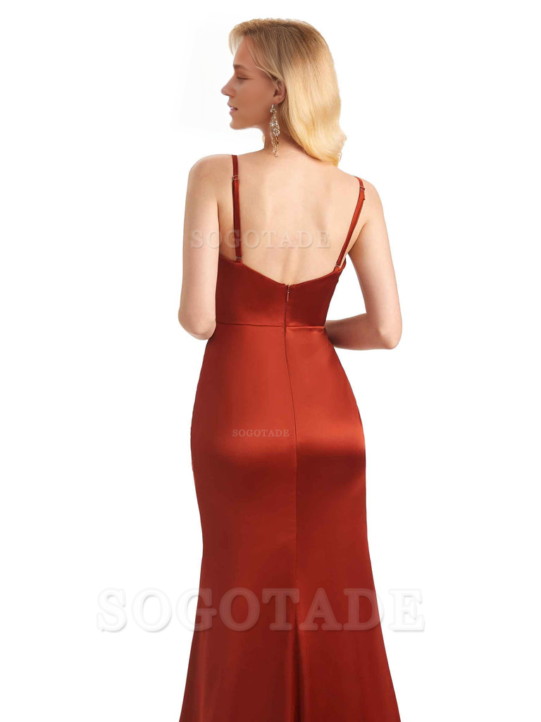 Sexy Charming Side Slit V-Neck Pleated Spaghetti Straps Backless Satin Bridesmaid Dresses Formal Women's Dresses Wedding Guests Dresses