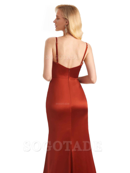 Sexy Charming Side Slit V-Neck Pleated Spaghetti Straps Backless Satin Bridesmaid Dresses Formal Women's Dresses Wedding Guests Dresses