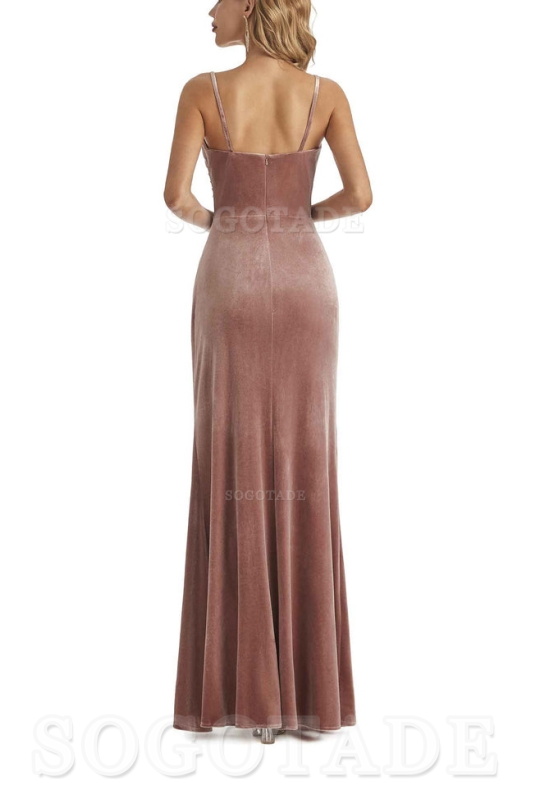 Elegant Mermaid Spaghetti Straps V-Neck Velvet Side Slit Long Bridesmaid Dresses Bridesmaid Dresses Formal Wear Dresses