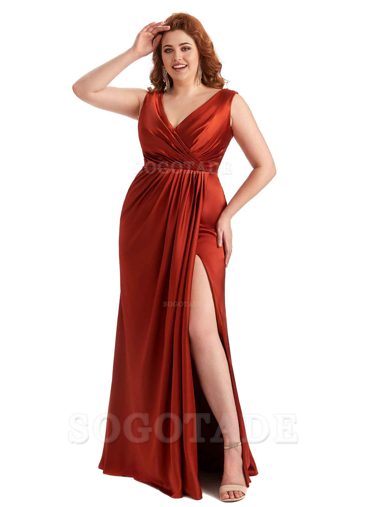 Mermaid V-Neck Satin formal dresses evening gown Bridesmaid Dresses With Side Slit 