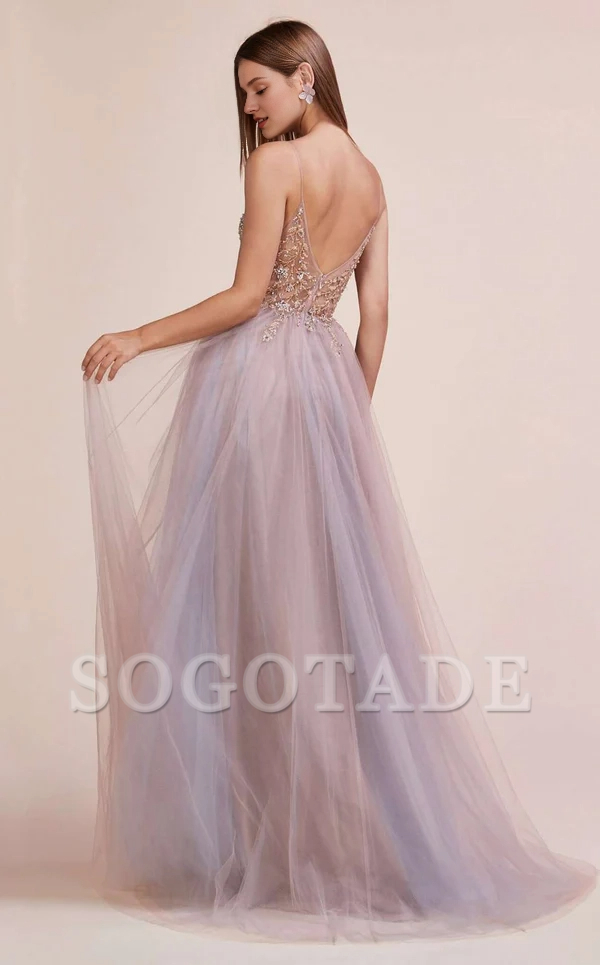 A-line deep V-neck embroidered chiffon thin shoulder strap chiffon prom dress-SOGOTADE