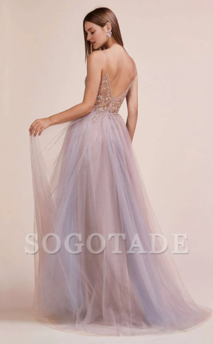 A-line deep V-neck embroidered chiffon thin shoulder strap chiffon prom dress-SOGOTADE