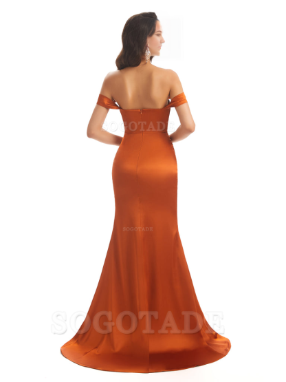 Mermaid Off Shoulder Floor-Length Satin formal dresses evening gown Bridesmaid Dresses With Side Slit 