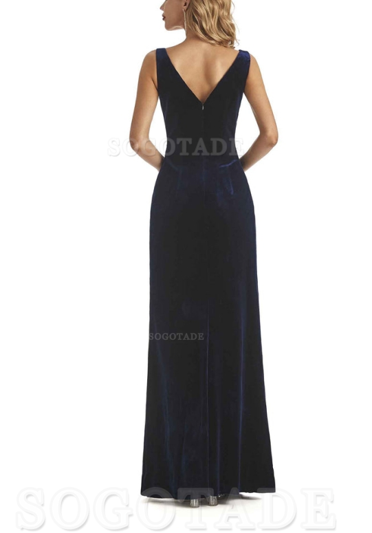 V-Neck Sexy Side Slit Spaghetti Straps Pleated Velvet Long Bridesmaid Dresses Formal Wear Dresses