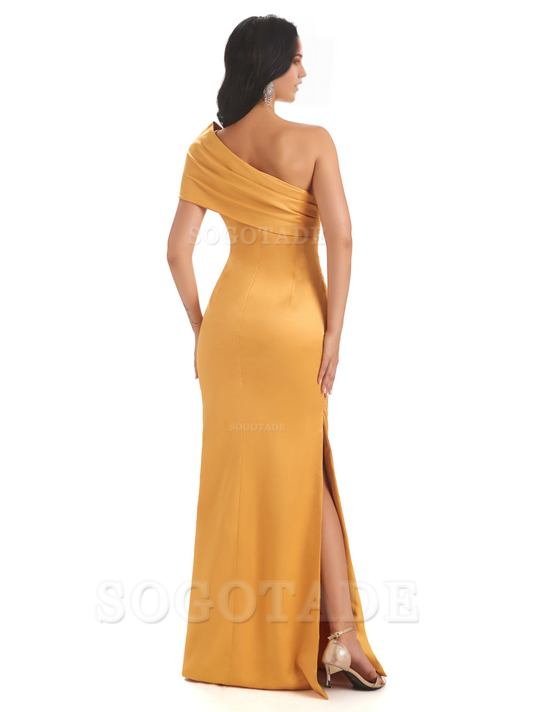 Mermaid One Shoulder Satin Long formal dresses evening gown Bridesmaid Dresses With Side Slit 