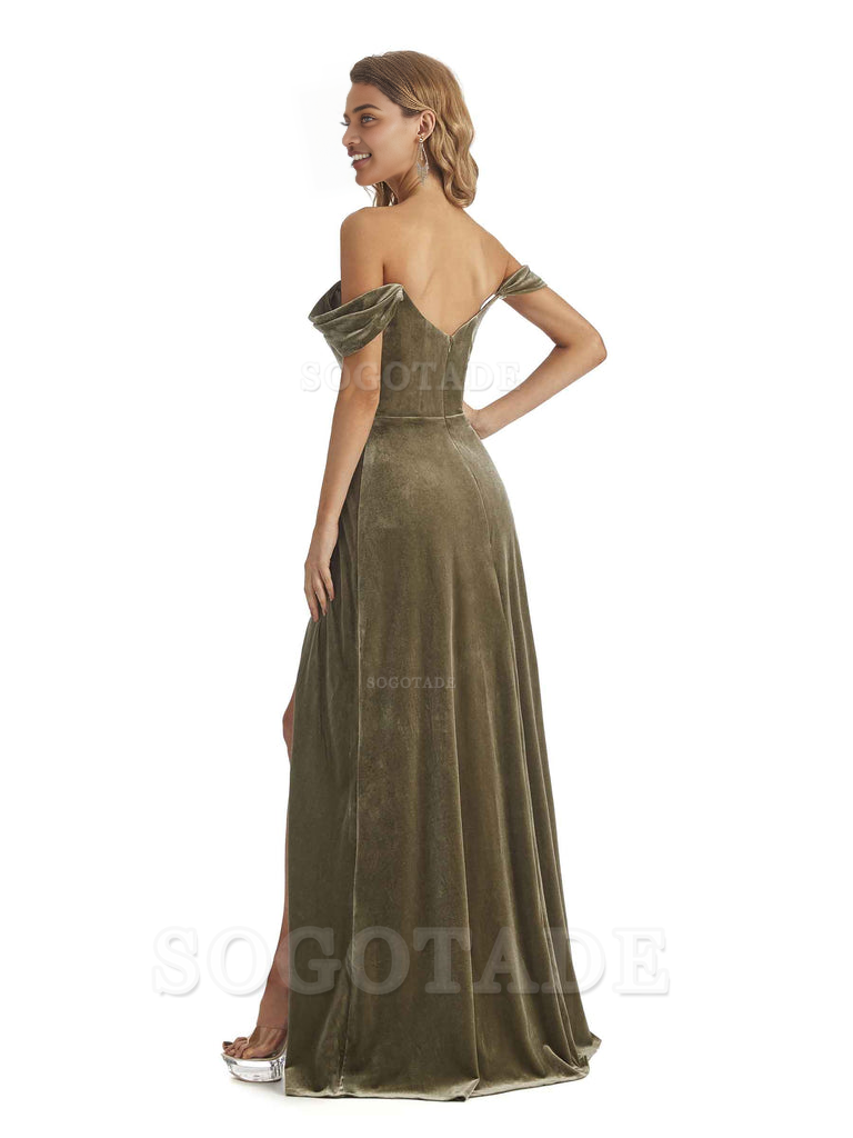 Elegant Mermaid Off The Shoulder Unique Velvet Side Slit Backless Long Bridesmaid Dresses Formal Wear Dresses