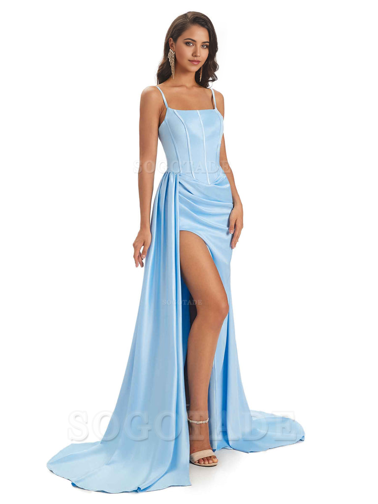 Spaghetti Straps Floor-Length Satin formal dresses evening gown Bridesmaid Dresses With Side Slit 